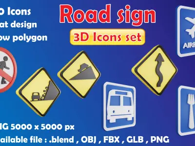 Road sign or Traffic sign 3D icon flat design collection no 4 Low-poly 3D model