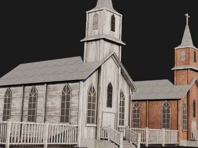 two old churches wooden and brick with pbr textures Low-poly 3D model