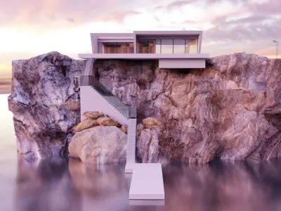 House on the cliff with pool Low-poly 3D model
