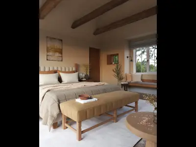 Rustic Bed And Woven Window Seat Free 3D model