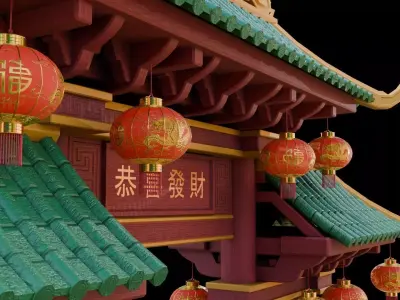 Oriental Chinese New Year Grand Gate  I Low Poly PBR Low-poly 3D model