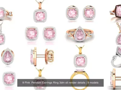 9 Pink  Pendant Earrings Ring 3dm stl render details 3D Model Pack