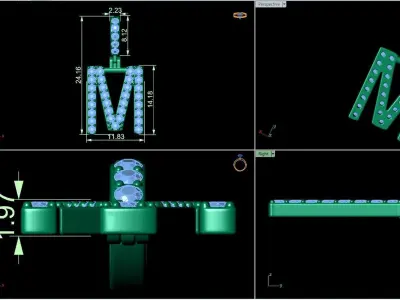 Alphabet M-letter single row pendant 3D print model