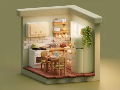 Isometric Stylized Cartoon Kitchen 52 items interior Pack Low-poly 3D model