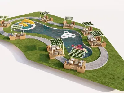 Organic Park Landscape with Water Pond and Pergolas Low-poly 3D model