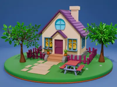 Stylized Isometric House with Garden Low-poly 3D model