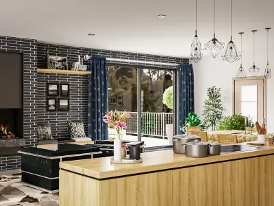Modern kitchen and living room interior and exterior 3D model