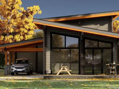 3D model of a wooden house with three bedrooms 3D model