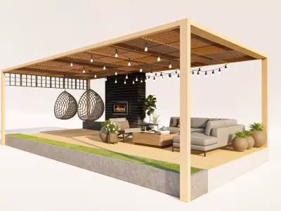 Outdoor Pergola with Fireplace and Lounge Area Low-poly 3D model