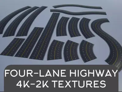 PBR 4K-2K Four-Lane Highway Roads Clean Low-poly 3D model