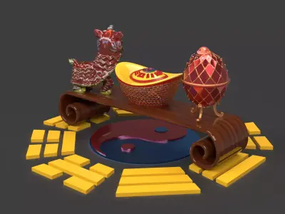 Chinese Gold Ingot Sculpture  Low-poly 3D model