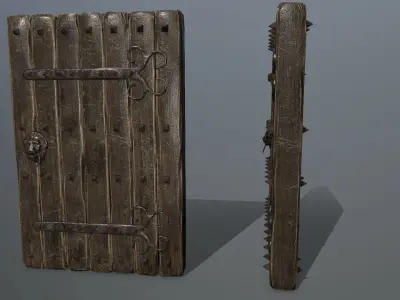 door set two wooden doors on stone wall Low-poly 3D model