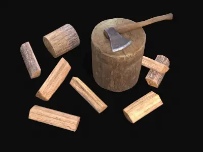 Axe stand and wood logs Low-poly 3D model