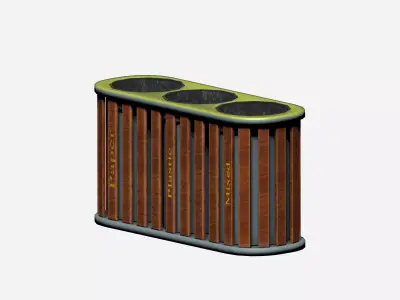 Triple wooden and metal trash can with carrier bag Low-poly 3D model