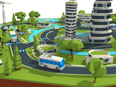 city lowpoly on island with wind turbines Low-poly 3D model