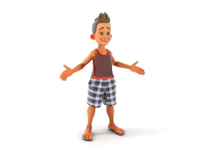 Animated Youth Character Model with Plaid Shorts  Fully Rigge... Low-poly 3D model