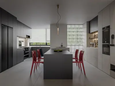 Modern living and dining room kitchen 3D model