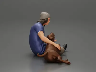 Man in a bonnet sitting crossing his legs and hugging a dog 3D print model