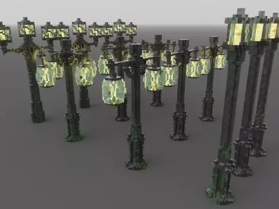 Modular Voxel Street Lights Bundle 3 Styles Clean Rusted Mossy Low-poly 3D model
