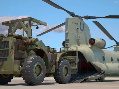  Forklift Loads Cargo to the Transport Helicopter CH 47 Chinook 
