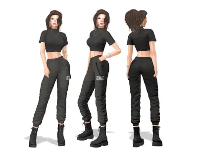 Black Cargo Outfit Boots Pants Top Low-poly 3D model