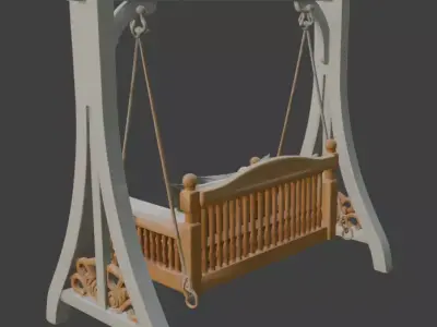 Carved Wooden Hanging Swing with Cushions 3D model
