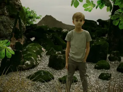 Boy and Big Sharp Moss Rocks 3D Model Pack