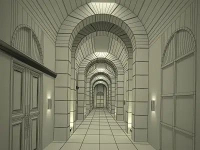 corridor hallway with arches and doors Low-poly 3D model