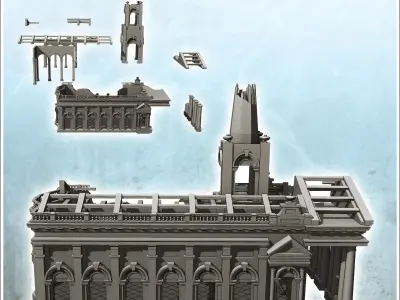 Ruined neo-classical public administration building with pedimen 3D print model