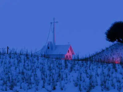 church in a small hilly mountains with big cross sign 3D model