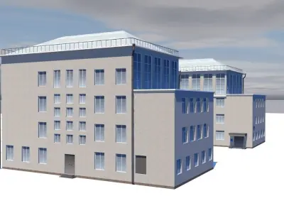Factory office building on cloudy day Low-poly 3D model