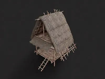 Primitive Wooden Shelter with Thatch Roof 1  Low-poly 3D model
