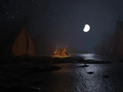 Night Scout Campfire on Beach - Realistic 3D Scene 3D model