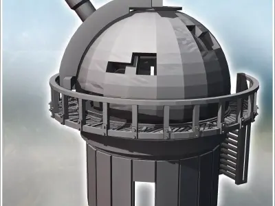 Damaged modern observatory with large telescope and circular bal 3D print model