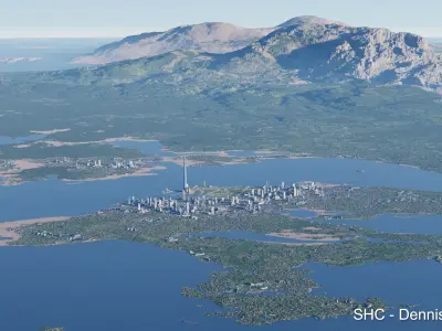 Large scale procedural terrain generator with 3D cities 3D model