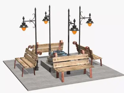 Benches and Lanterns on a Street Low-poly 3D model