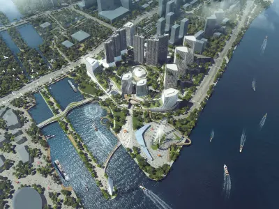 Riverfront Cityscape with Mixed-Use Towers and Ferris Wheel 3D model