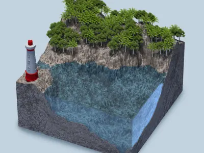 Sea Ocean Lighthouse tree scifi cube bay beach island C4D OC 3D model