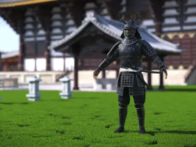  Armored Samurai Character With Antler Helmet 