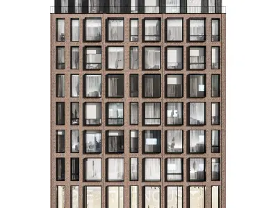 Modern residential facade 01 at night with interiors 3D model