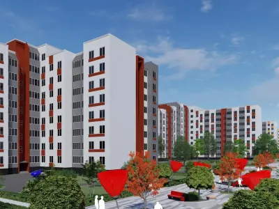 3D model of the urban environment with houses and a square  3D model