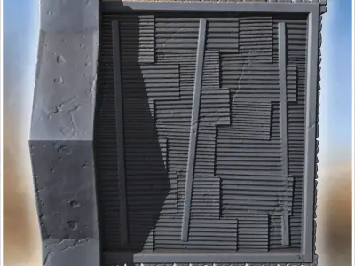 Wooden bank building with double doors fenced porch tiled awning 3D print model