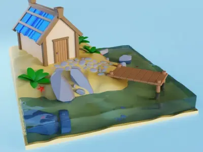 A house on the beach with a pier 3D model