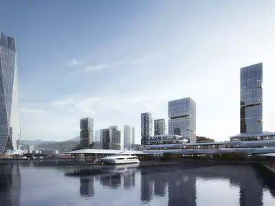 Coastal Marina Cityscape with Landmark Tower and Cable Bridge 3D model