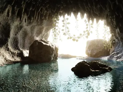 Cave V9 - Rocky Cavern with Water Feature and Vegetation 3D model