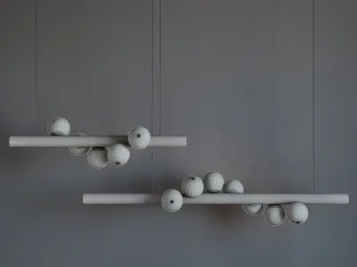 Chandelier pendant light with balls hanging from wooden rods 3D model