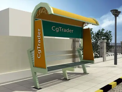 Unique Exterior Bench - with pavement and lamps Low-poly 3D model