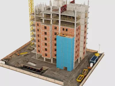 Mid Rise Construction Tower Crane Brick Building 3D Model  Low-poly 3D model