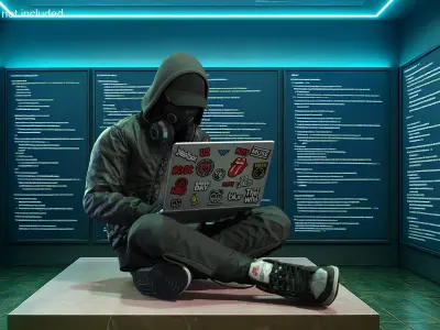  Young Man Character with Laptop Sitting Pose 