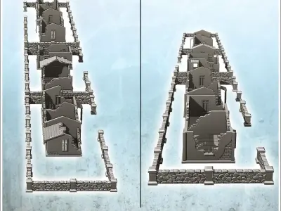 Set of five European houses and walls ruined version - World War 3D print model